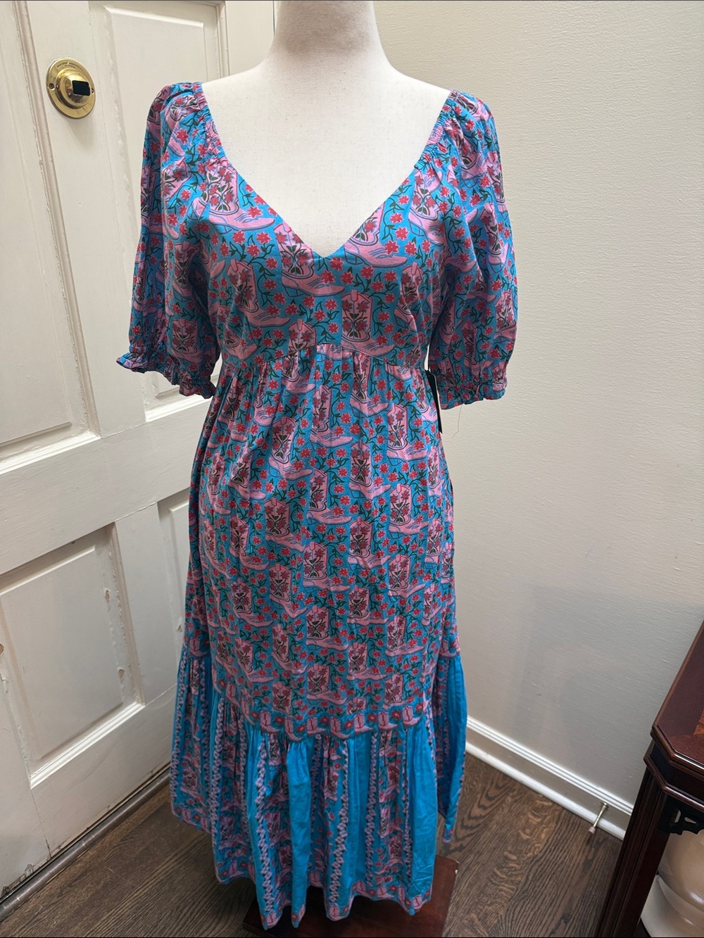 Printfresh Turquoise & Pink Floral & Cowboy Boot print Maxi Dress NWT